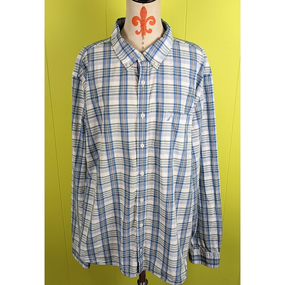 Nautica Men's 3XL Slim Fit Long Sleeve Button Up Shirt Blue White Plaid Casual